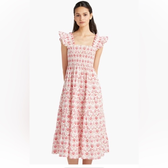 Hill House Home Pink White Ellie Nap Mermaid Shell Cherry Print Midi Dress XS - Picture 2 of 16
